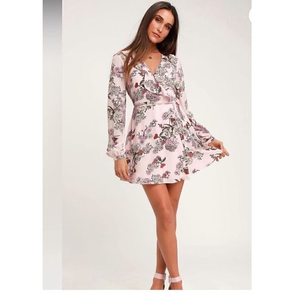 Lulus what a time pink floral chiffon long sleeve wrap dress XS wedding bridal - Picture 1 of 8